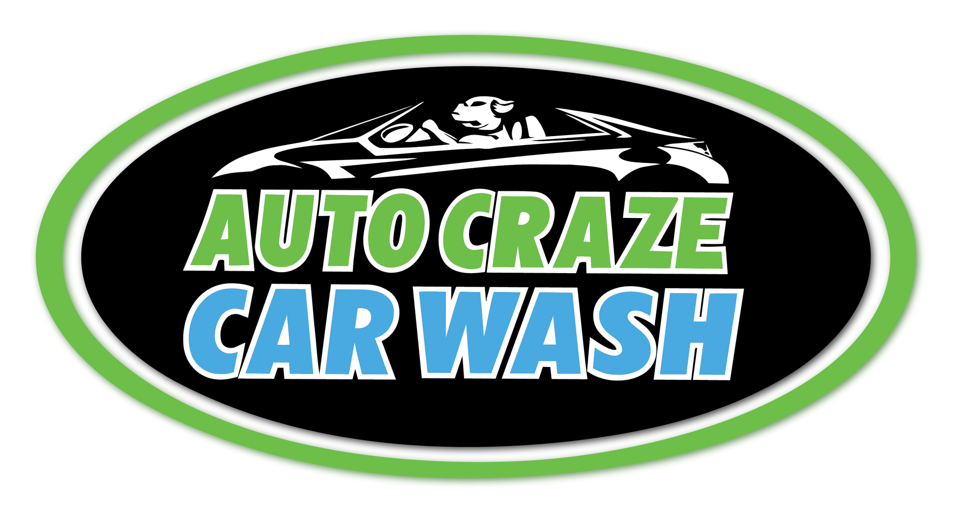 Logo for Auto Craze car wash with car graphic and text: “Auto Craze”, “Car & Pet Wash”.