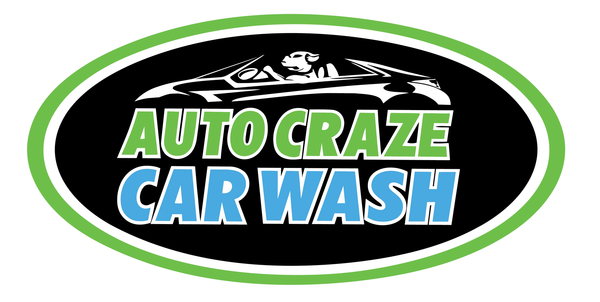 Logo for Auto Craze Car & Pet Wash. Features a car illustration, bubbles, and social media icons.