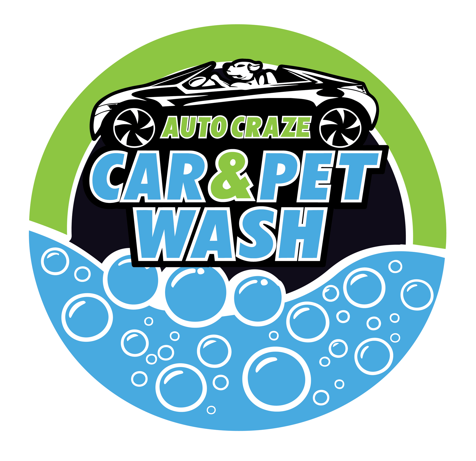 Logo for Auto Craze Car & Pet Wash. Green circle with black background, blue bubbles and social media icons.