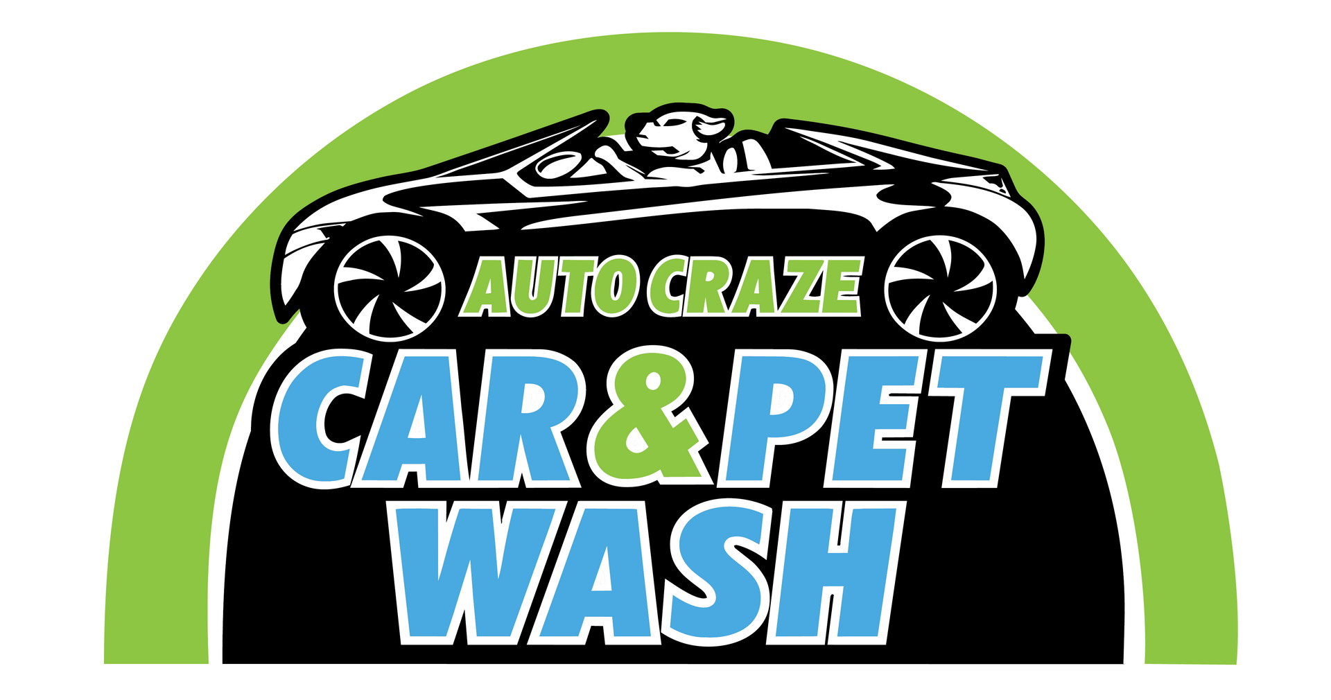 Auto Craze Car & Pet Wash logo: black circle with green border, car outline, blue bubbles, social media icons.