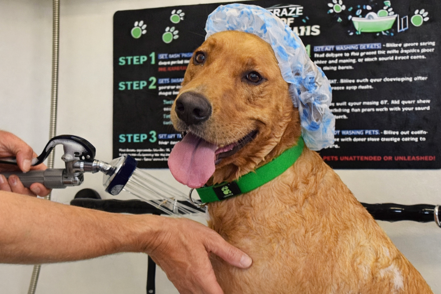 Golden retriever with shower cap on, being rinsed at a dog wash. Dog is smiling with tongue out.