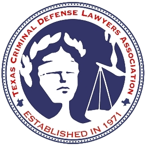 Texas Criminal Defense Lawyers Association seal with blindfolded woman, scales, laurel, text.
