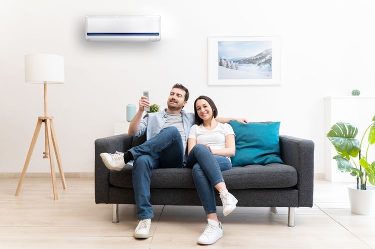 Happy couple cool down using air conditioning at home