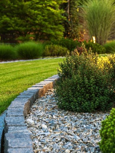 Lush green garden with neatly edged grass, curved stone border, and mulch with shrubs and other greenery.