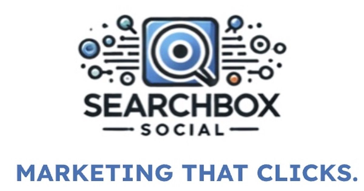 SearchBox Social logo with blue magnifying glass graphic and slogan 
