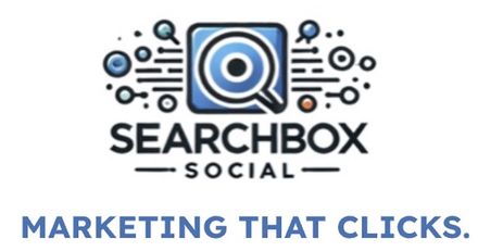 SearchBox Social logo with blue magnifying glass graphic and slogan 