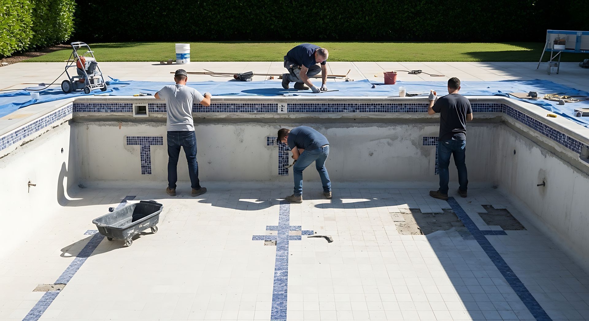 Swimming pool renovation project underway with workers installing blue tile mosaics.
