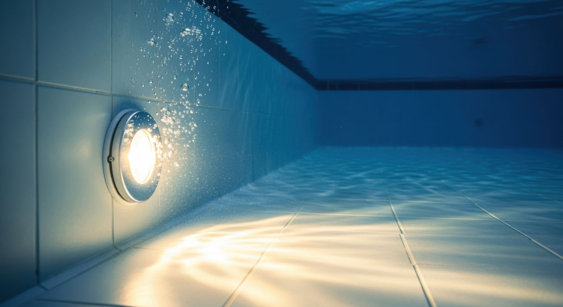 Underwater pool light glowing against blue tiles, a key feature of swimming pool renovations.