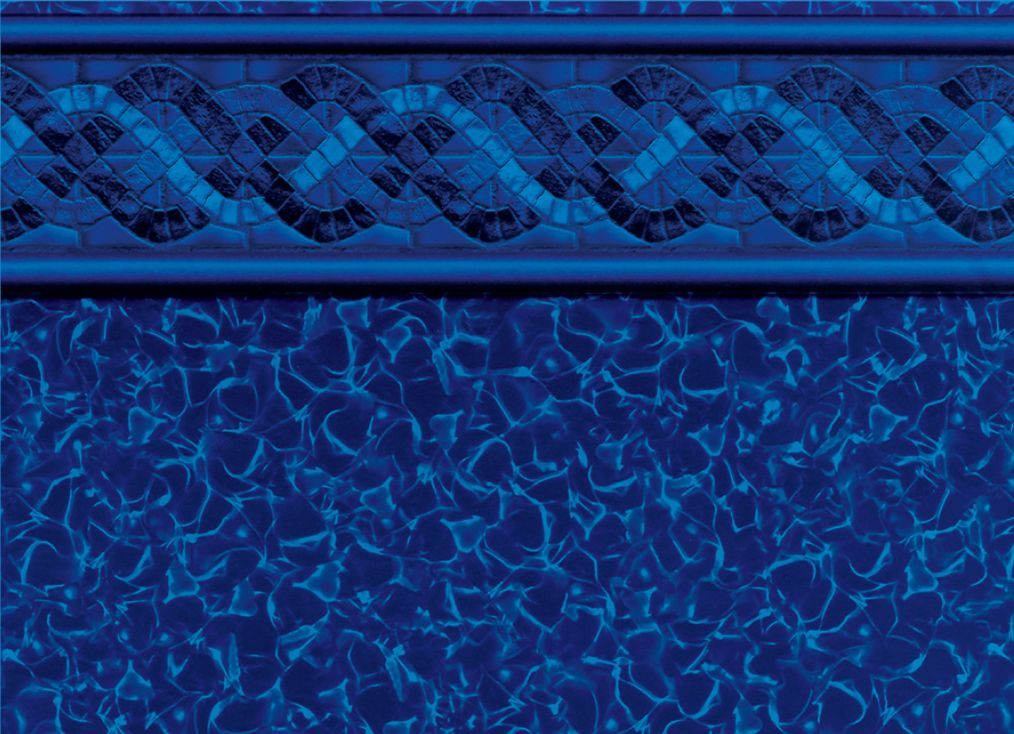 a close up of a blue swimming pool with a mosaic border .