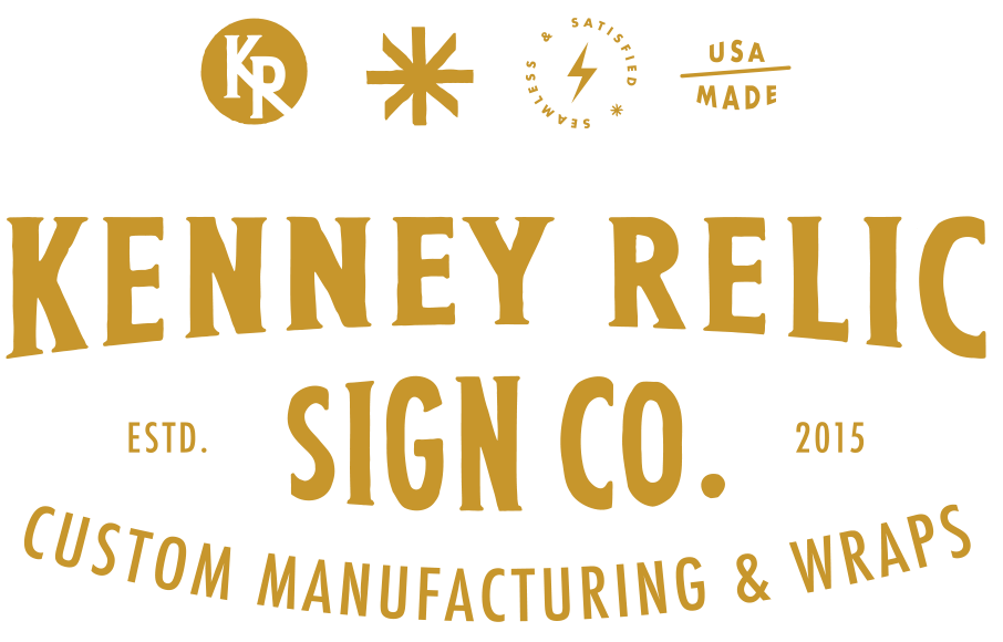 Logo for Kenney Relic Sign Co., features gold text on a white background. Includes initials, symbols, and 