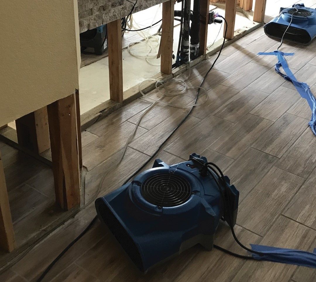 A blue fan is sitting on a wooden floor in a room.