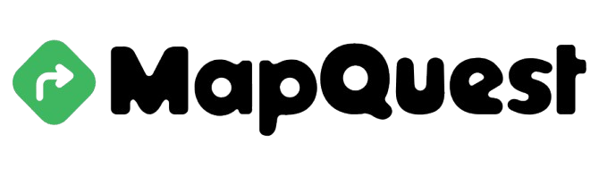The mapquest logo is black and green with a green arrow.