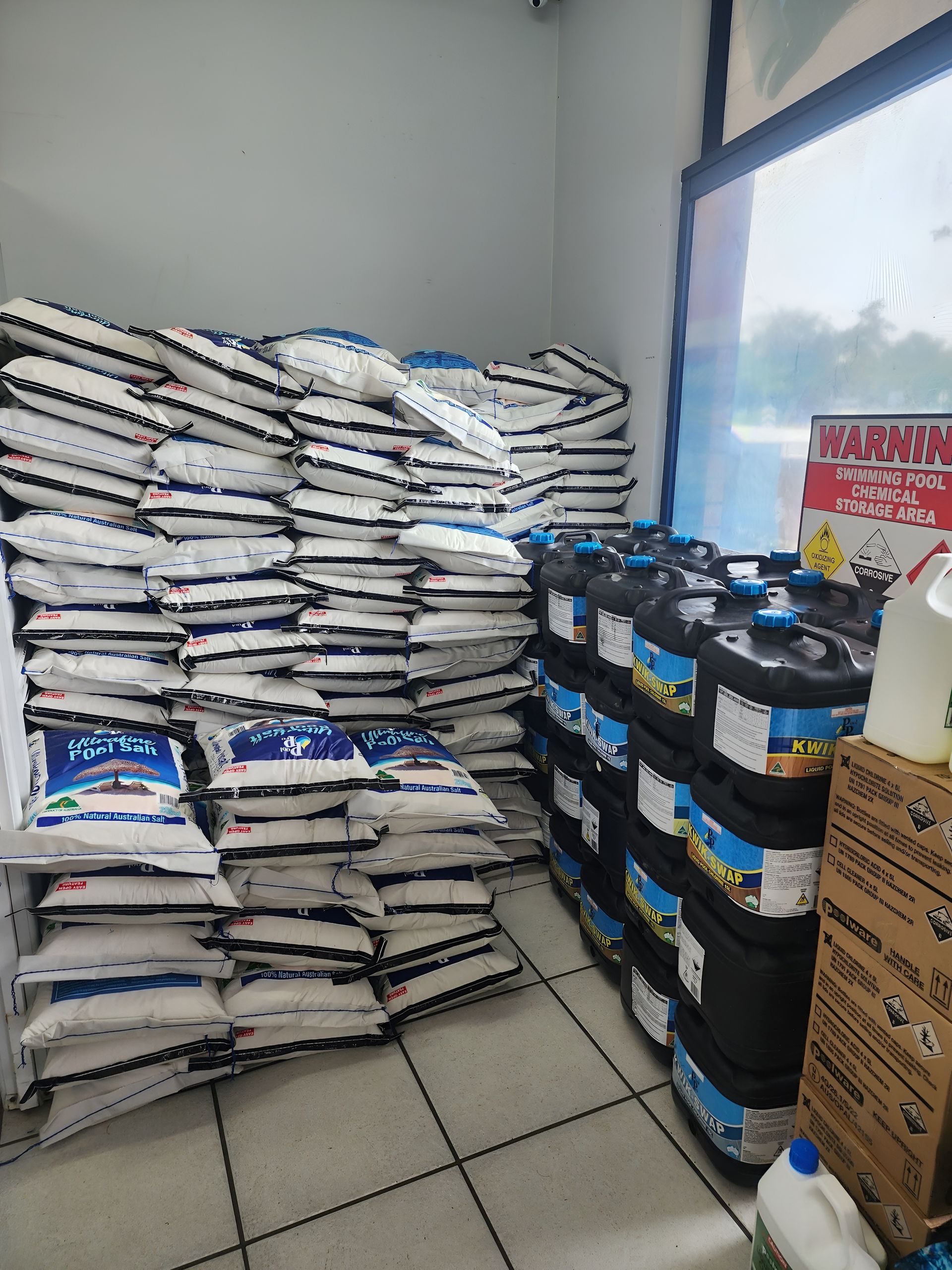 Bags of White Material Stacked High — Landsborough Pool Supplies & Service in Landsborough, QLD