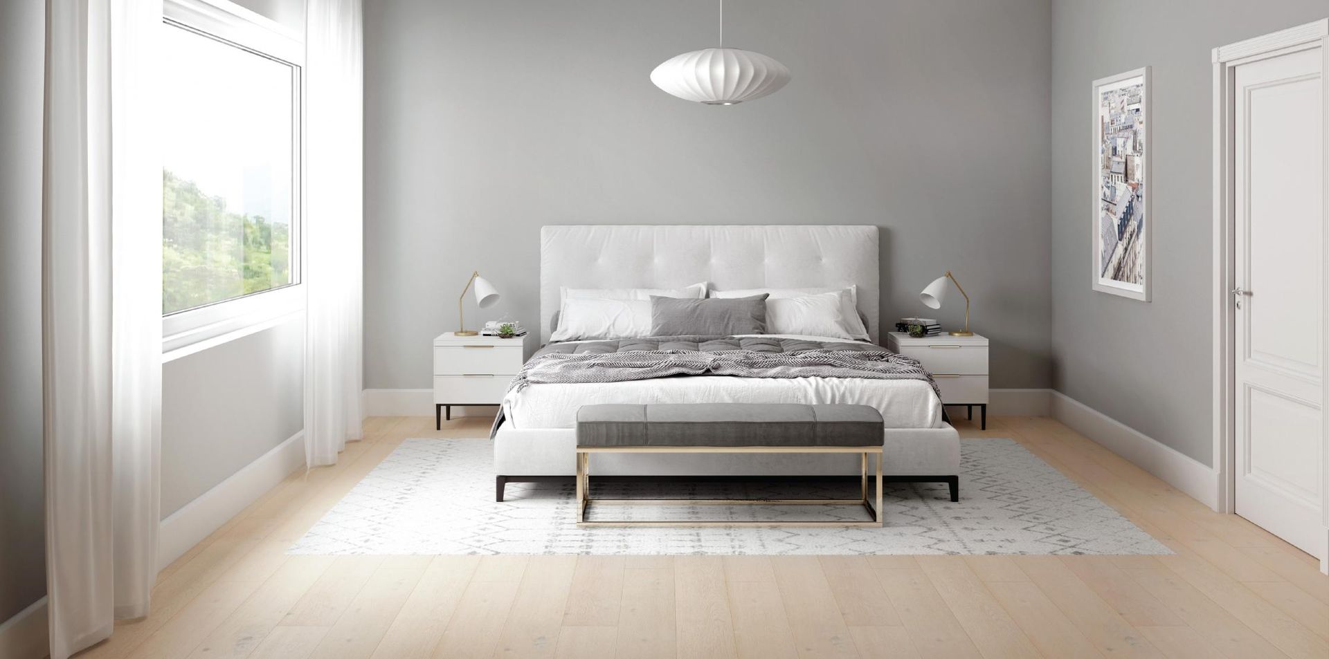 A bedroom with a bed , nightstands , and a window.