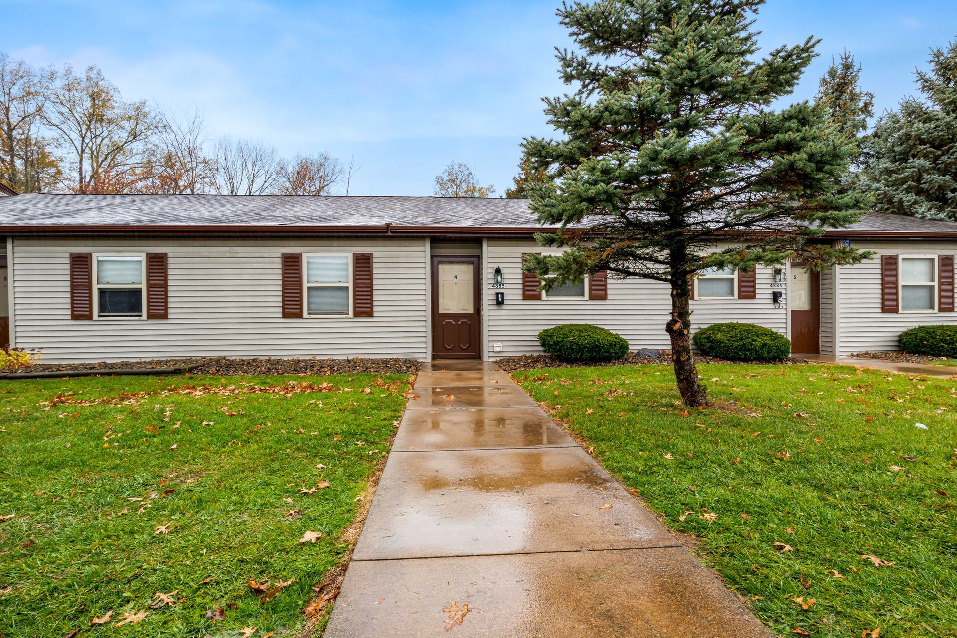 A house with a walkway leading to it and a tree in front of it.