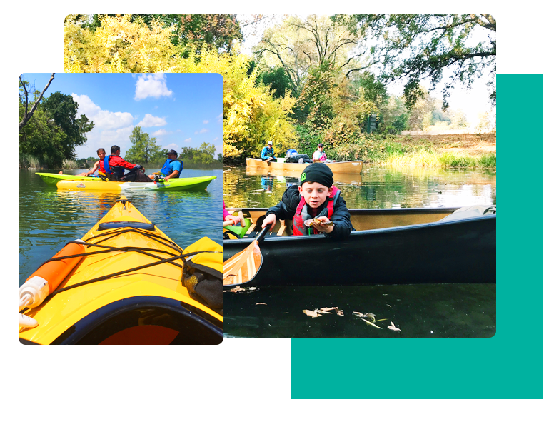 Yellow kayak and child in canoe