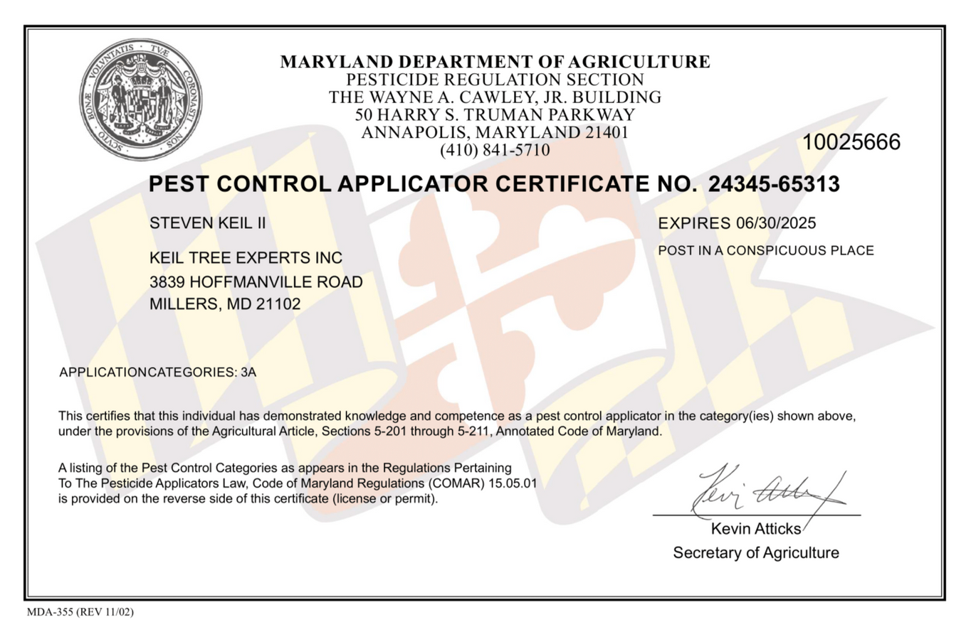 A pest control applicator certificate from maryland department of agriculture