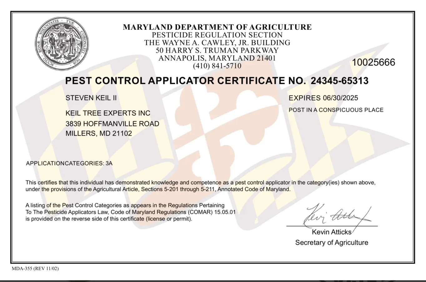 A pest control applicator certificate from the maryland department of agriculture