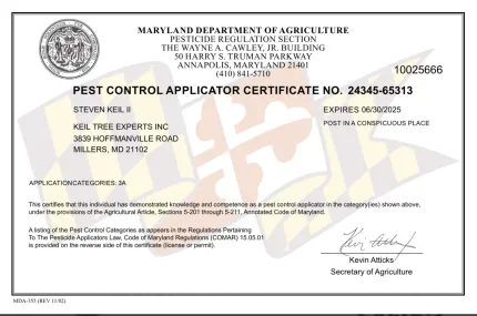 A pest control applicator certificate from the maryland department of agriculture