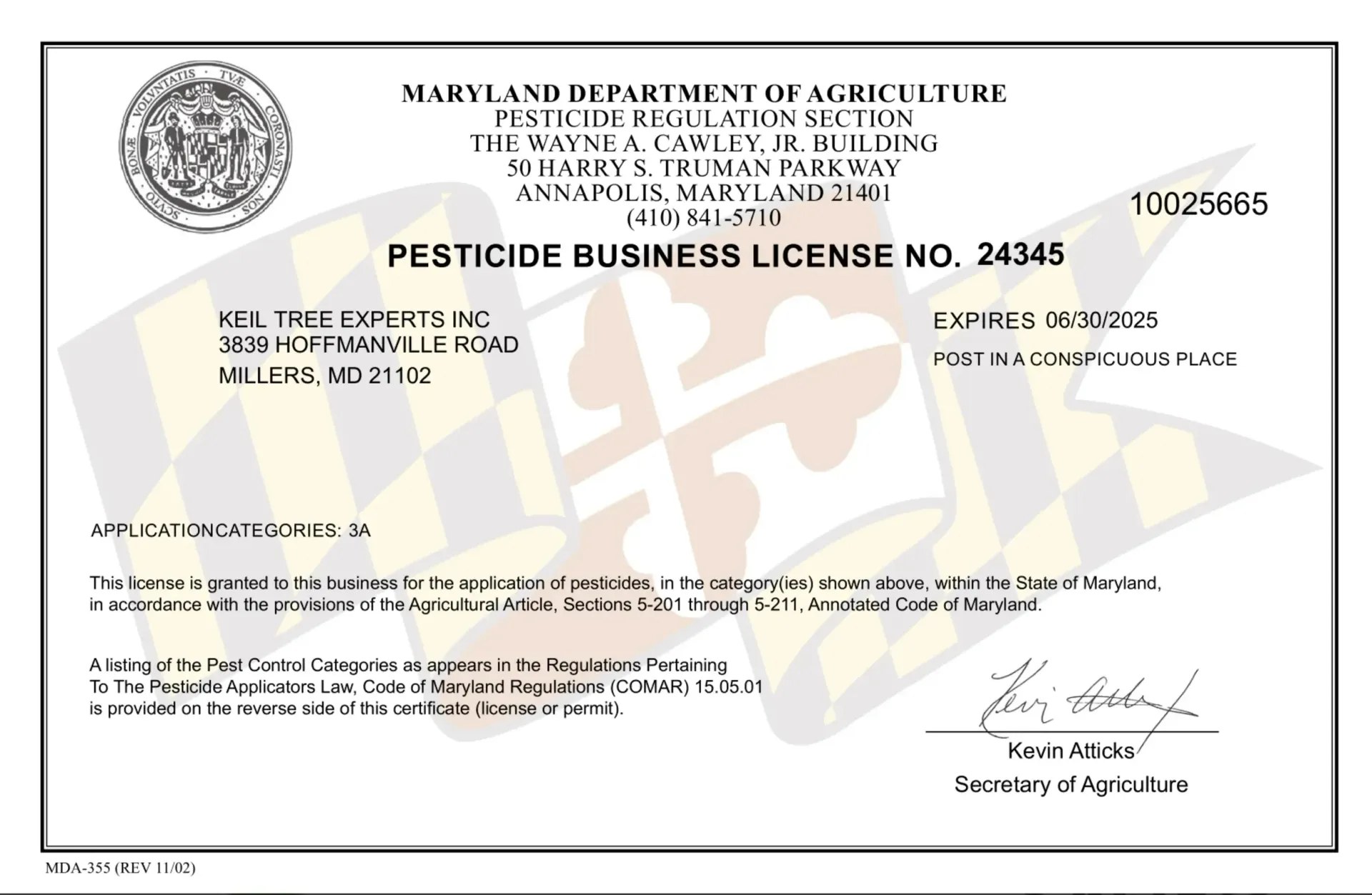 A pesticide business license from the maryland department of agriculture