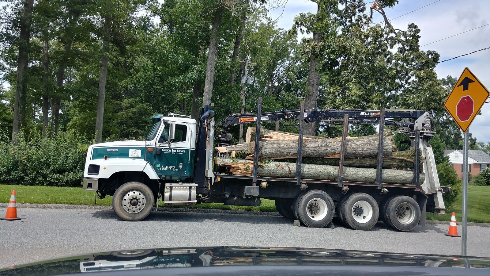 A white and green log truck parked on a gravel roadside next to a road sign, with trees in the background.