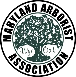 A logo for the maryland arborist association with a tree in the center