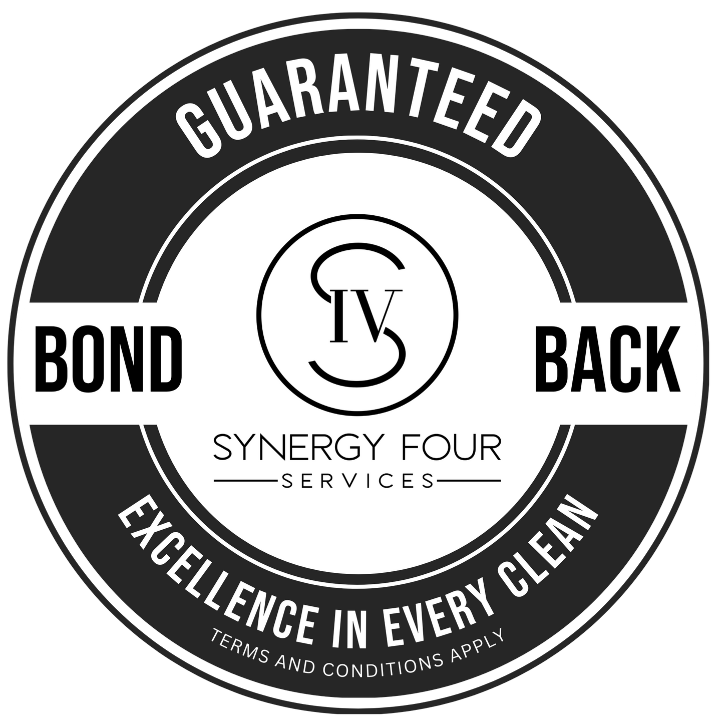 A black and white logo for synergy four services guaranteed bond back excellence in every clean