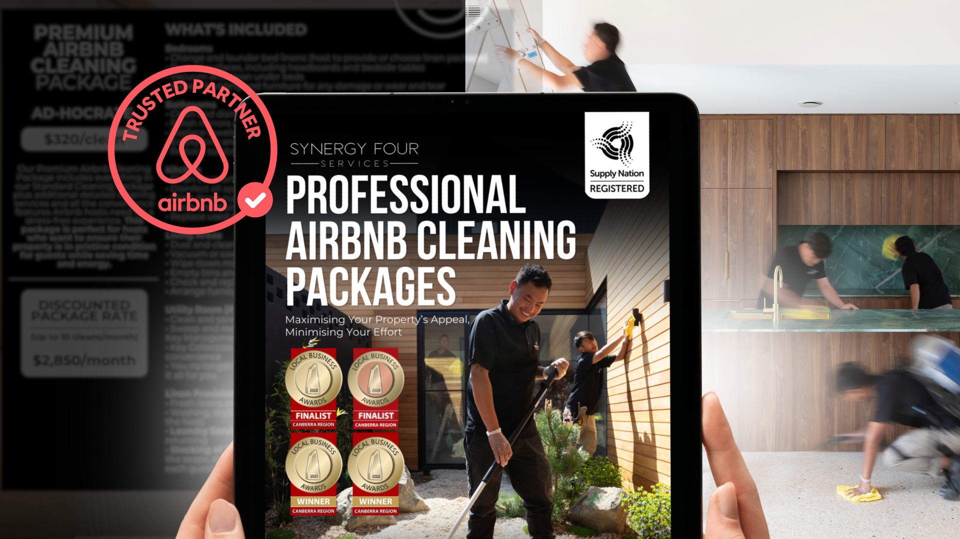 A person is holding a tablet with a professional airbnb cleaning logo  on it.