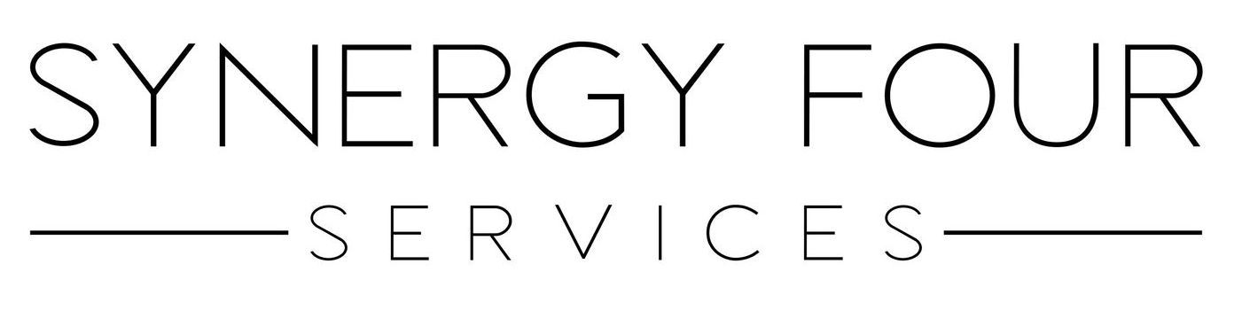 A black and white logo for synergy four services