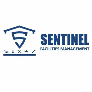 The logo for sentinel facilities management is blue and white.