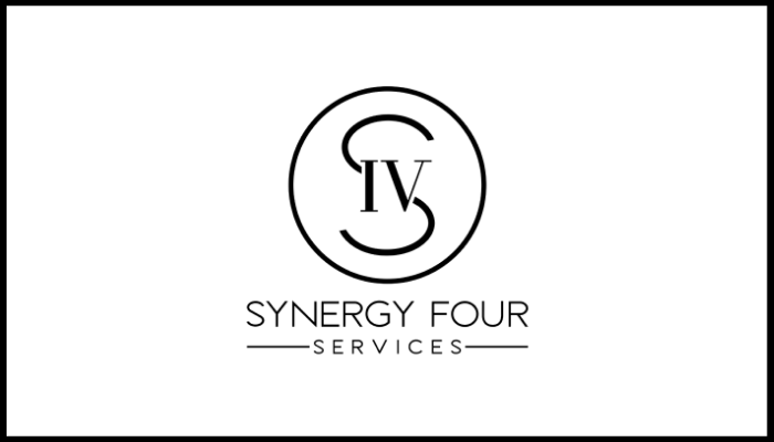 A black and white logo for synergy four services.