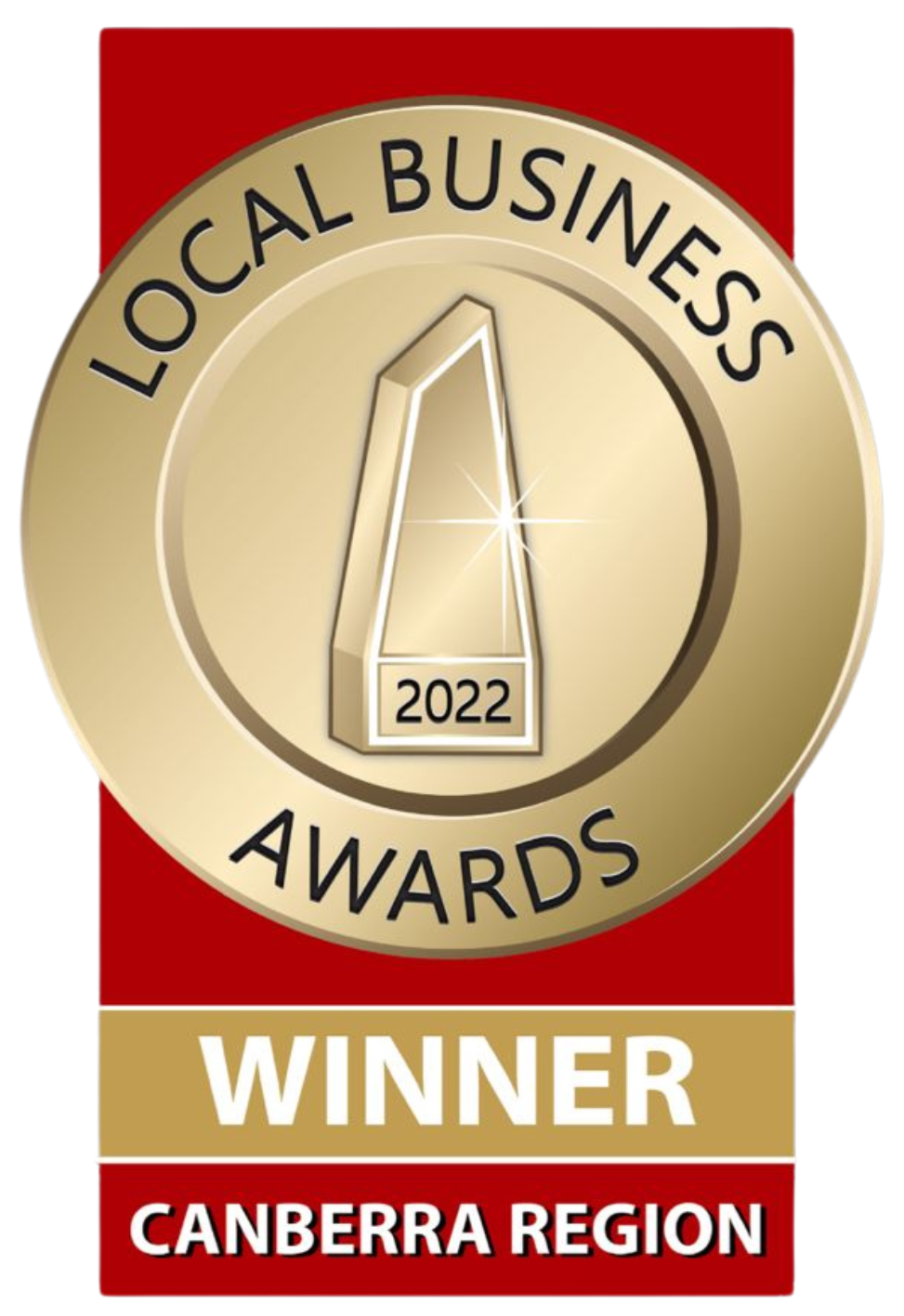 A gold badge that says local business awards winner canberra region