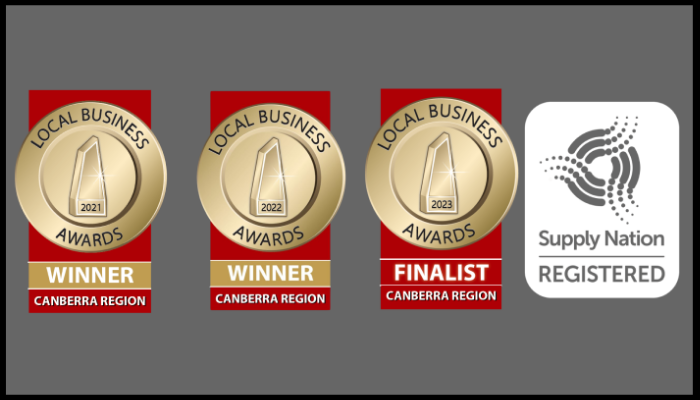 Four local business awards are displayed on a gray background