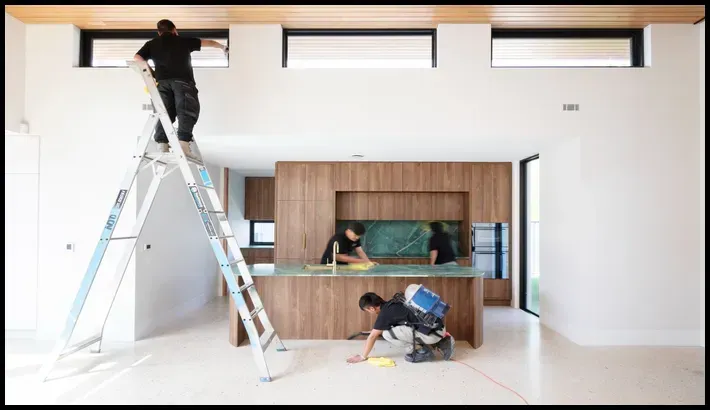 Professional cleaners working in a modern kitchen.