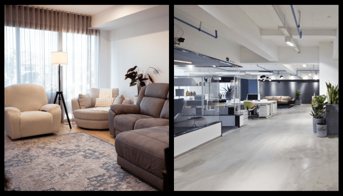 Split image showing a cosy Canberra living room on the left and a modern open-plan office on the right, representing residential and commercial cleaning needs