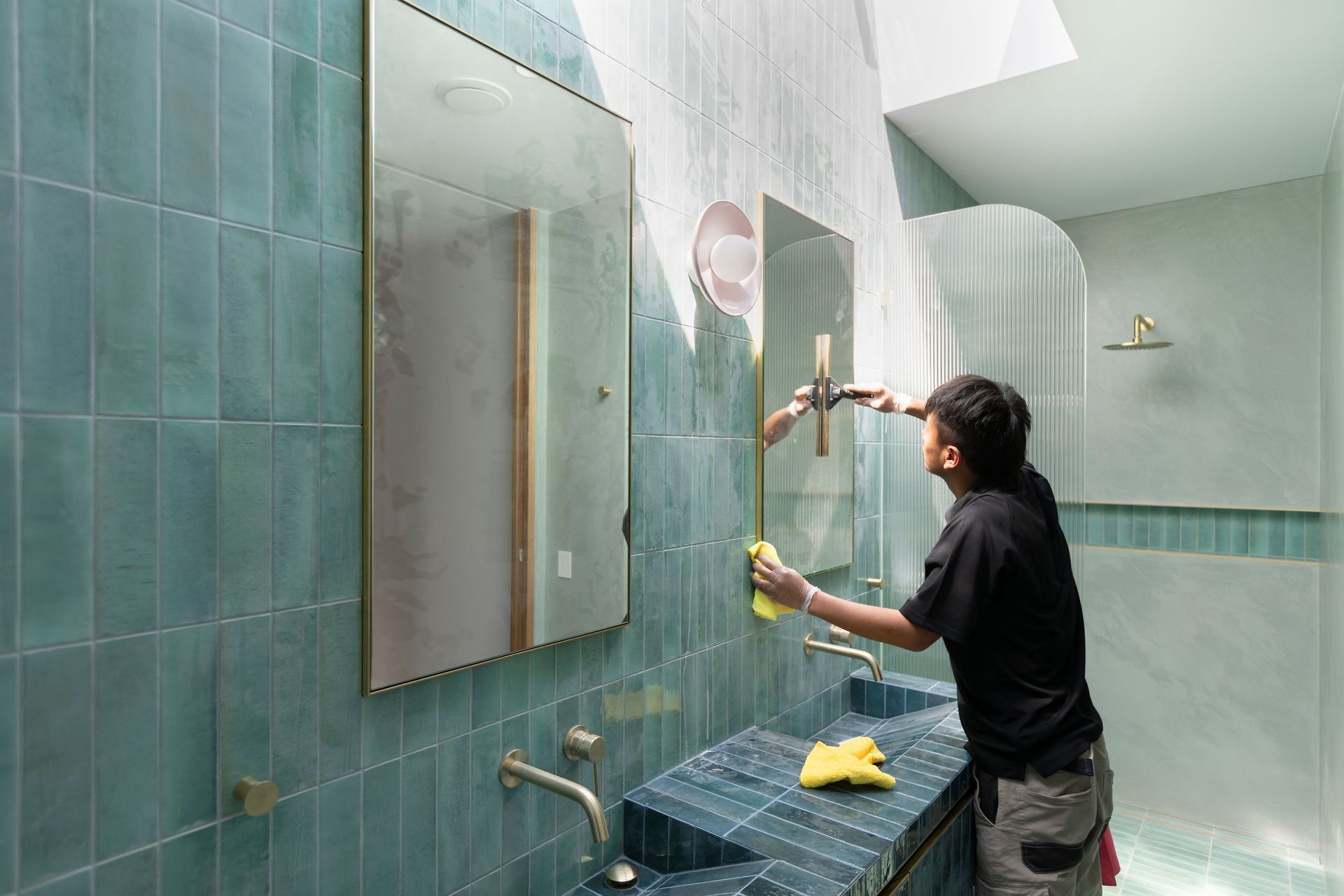 A man in overalls is cleaning a window in an office.