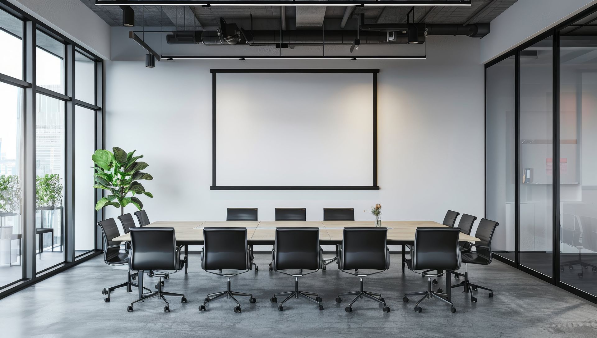 A conference room with a long table and chairs and a projector screen.