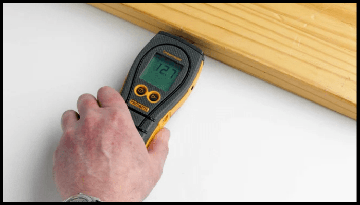 Supports the point visually by demonstrating a tool used to assess structural moisture levels.