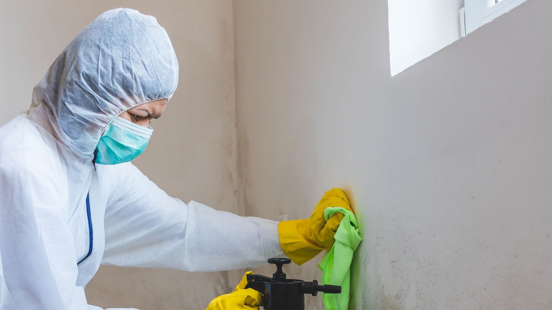 A man in a protective suit is cleaning a wall with a spray bottle.