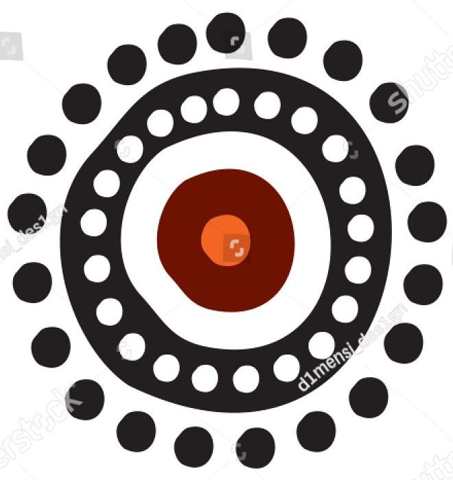 A circle with black dots and a red center