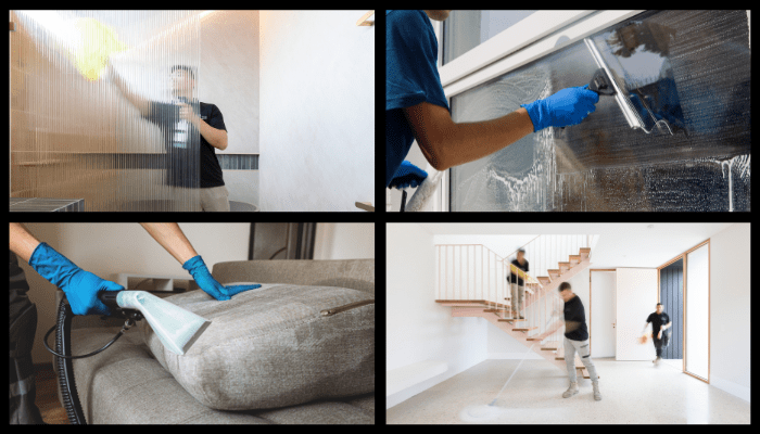 Collage of residential cleaning services including bathroom cleaning, window washing, upholstery steam cleaning, and mopping floors in a Canberra home