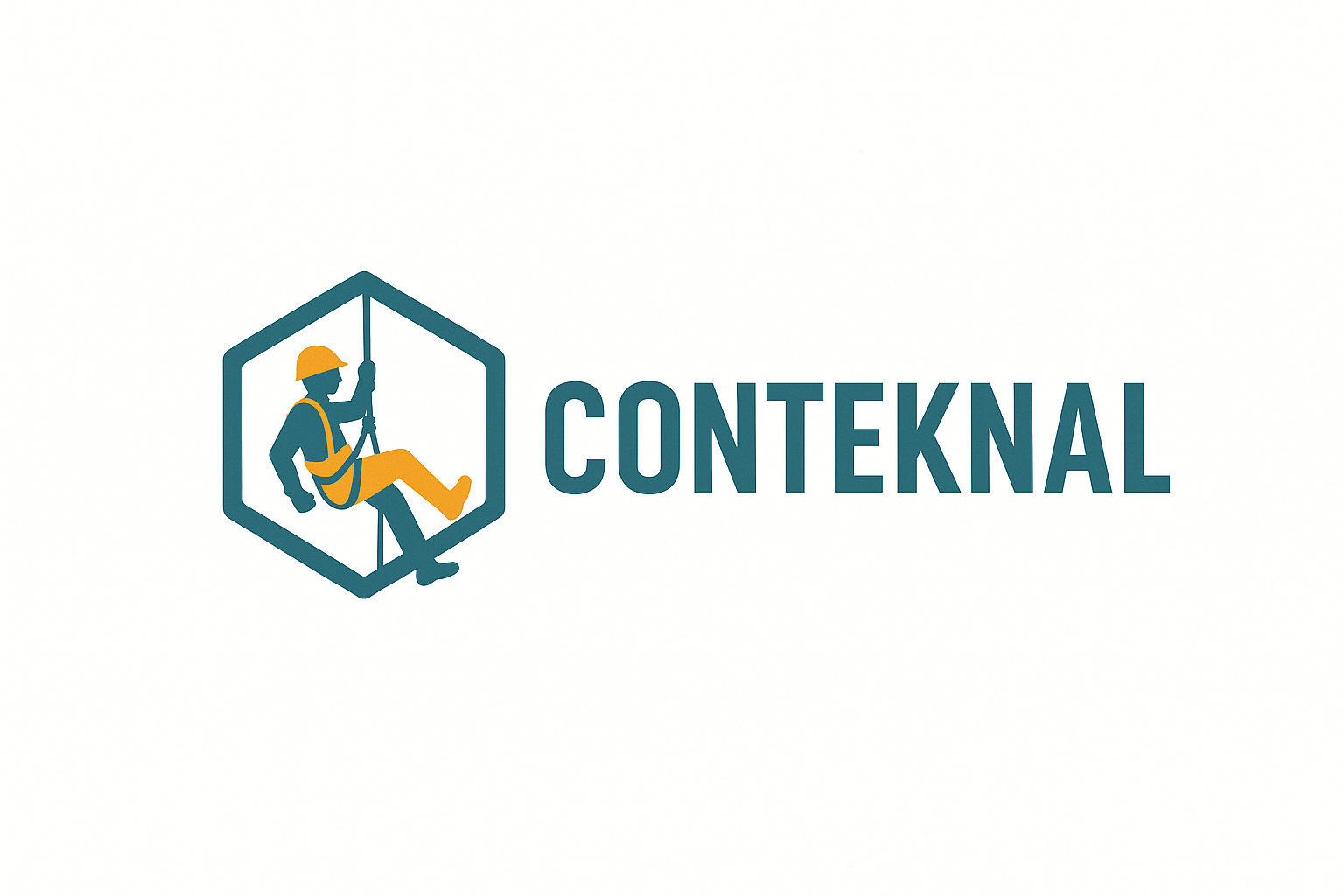 Logotipo: Persona haciendo rapel dentro de un hexágono verde azulado; 