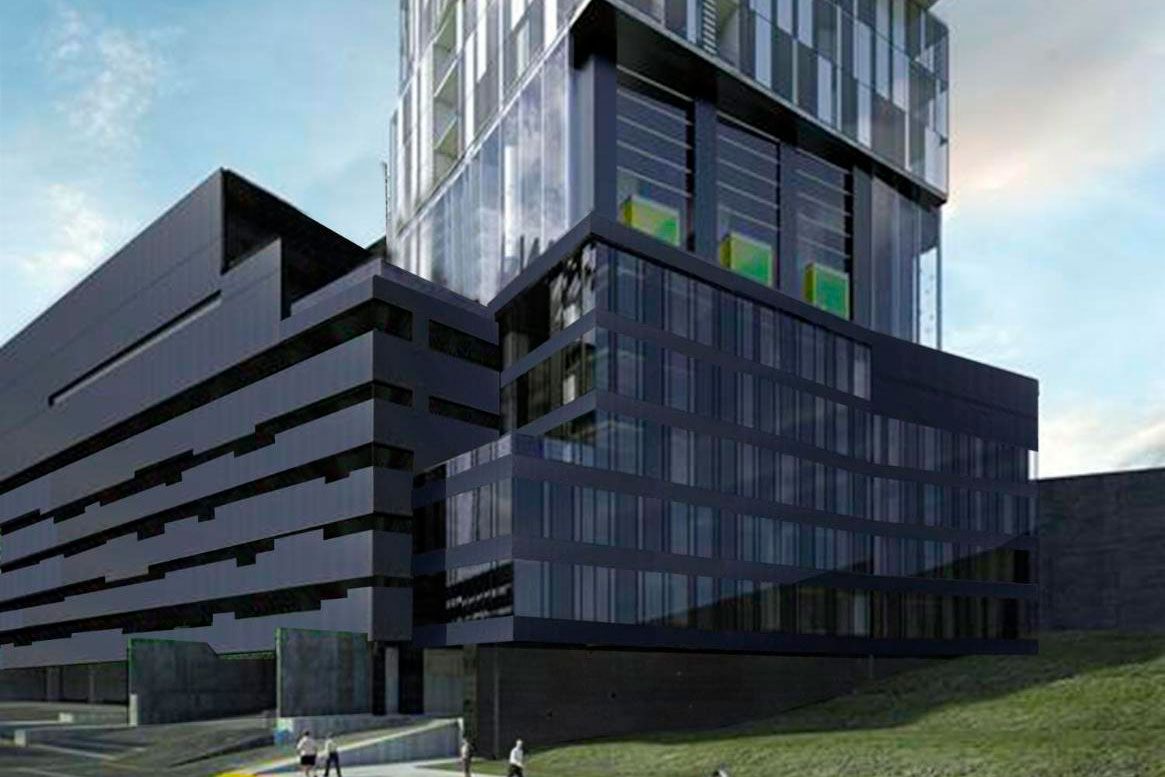 Una impresión artística de un edificio alto con muchas ventanas.