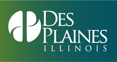 Des Plaines, Illinois logo with white abstract design on a green and blue gradient background.