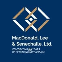 Logo for MacDonald, Lee & Senechalle, Ltd. with an overlapping geometric design in white and gold on a navy blue background.