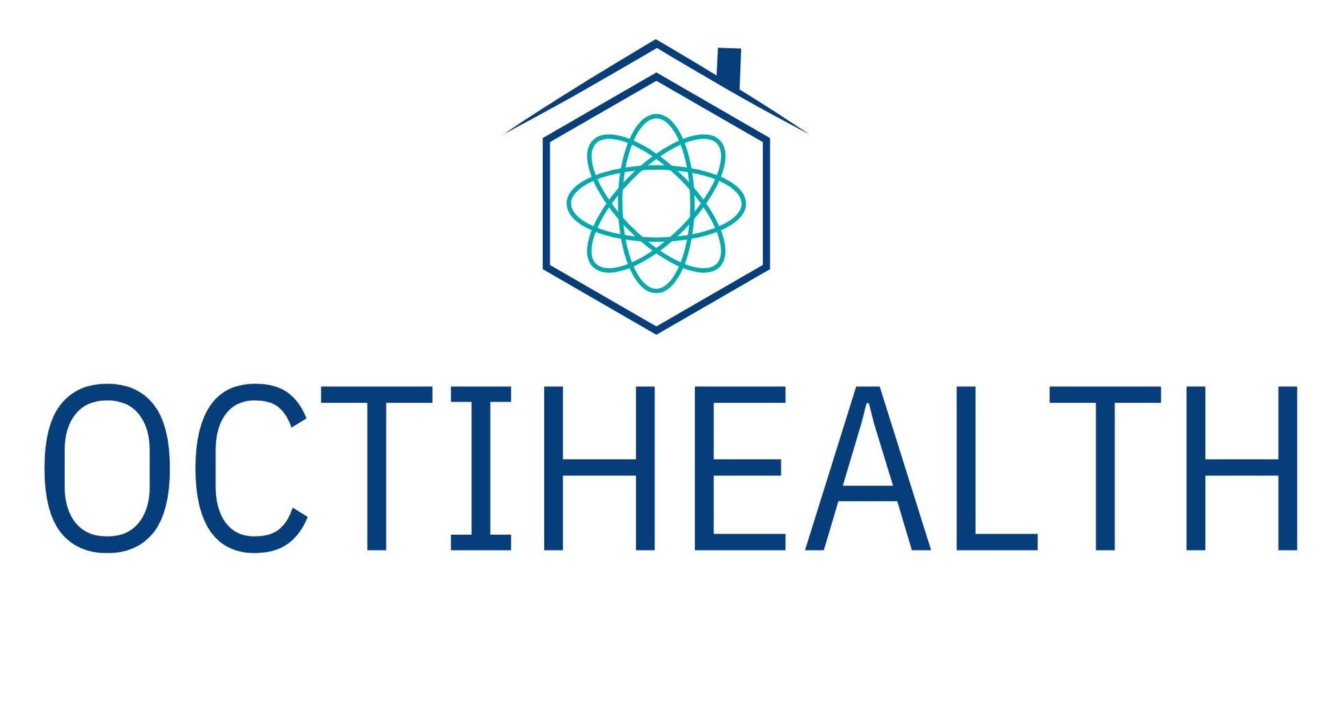 The Octihealth logo features a teal atom inside a hexagon topped by a dark blue house roof, with the text 