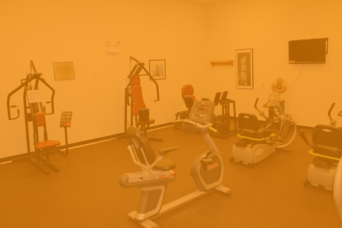 Gym interior with exercise machines: weight stations, stationary bikes, treadmills, against tan walls.