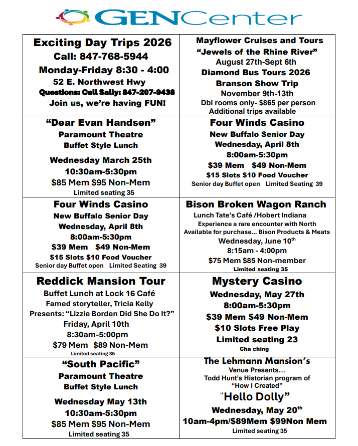 Flyer for GENcenter's 2025 day trips, listing dates, locations, and costs for various casino visits and theater events.