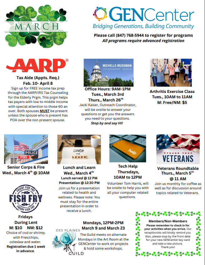 Flyer for GENCenter's March events. Includes tax, exercise, lunch, tech help, veterans, and fish fry info.