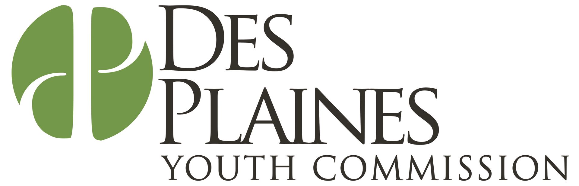 Logo for Des Plaines Youth Commission, featuring a green oval with white leaf-like shapes and text below.